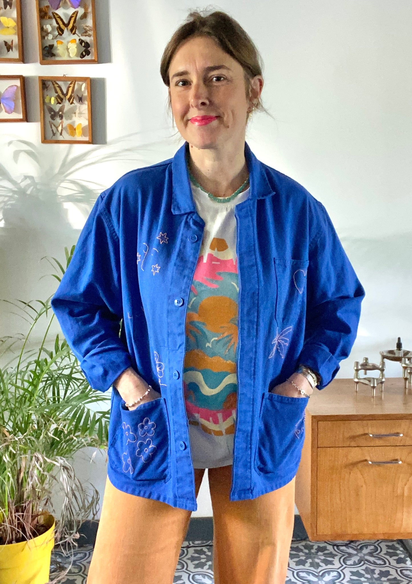 Sophie Palm tree - Bleu de travail vintage brodé main