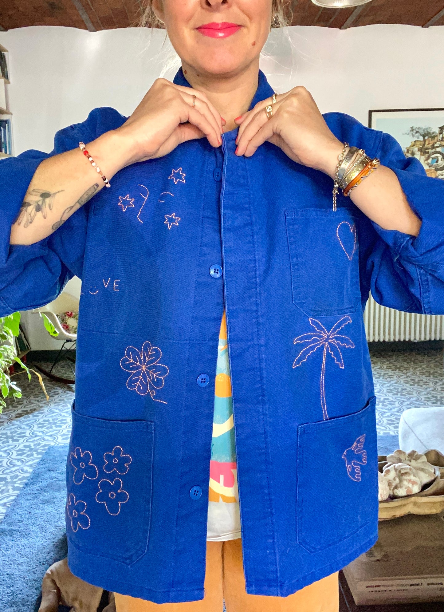 Sophie Palm tree - Bleu de travail vintage brodé main